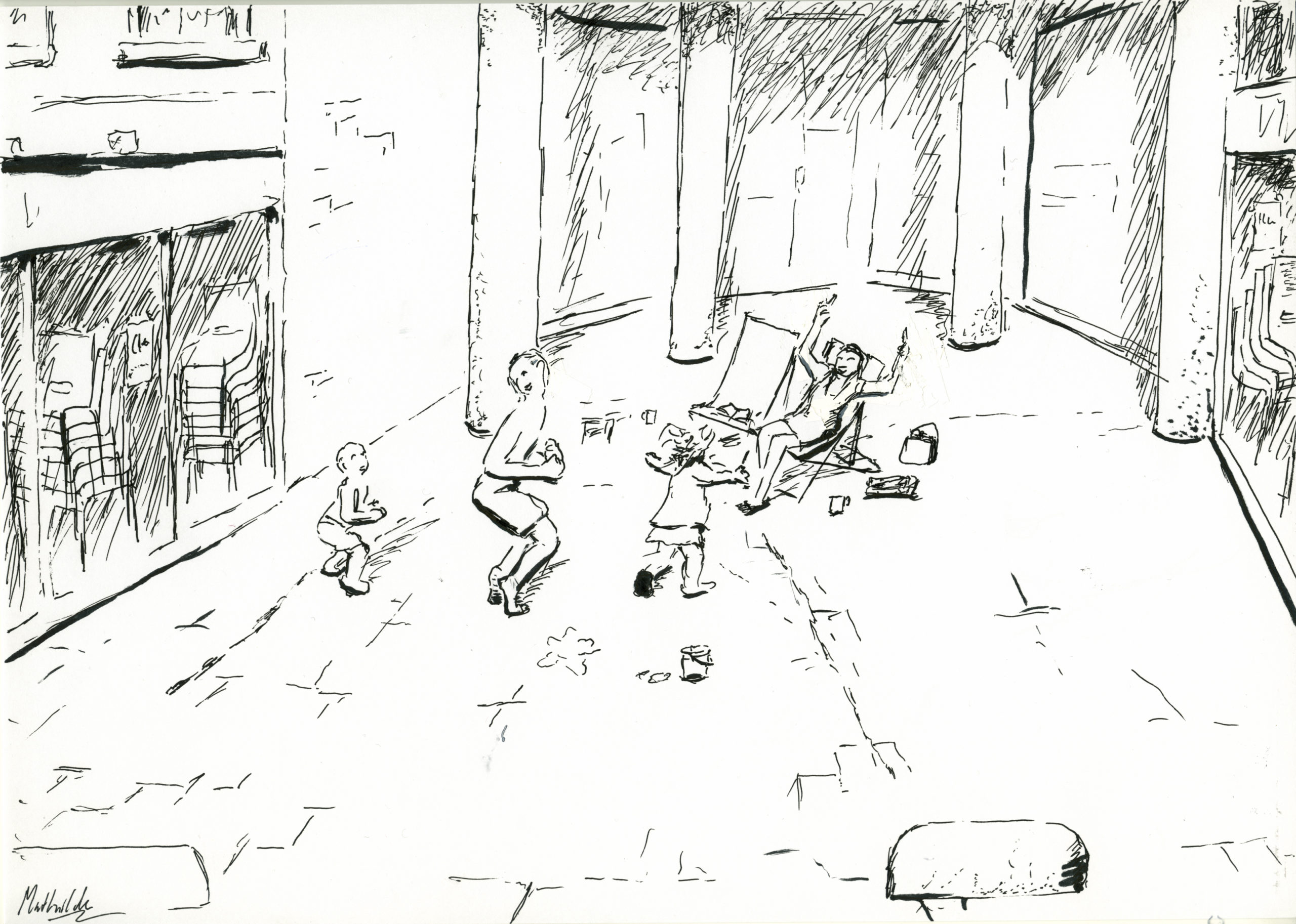 Familie speelt op het Rembrandtplein tussen gelsoten terassen, een schets door Mathilde muPe