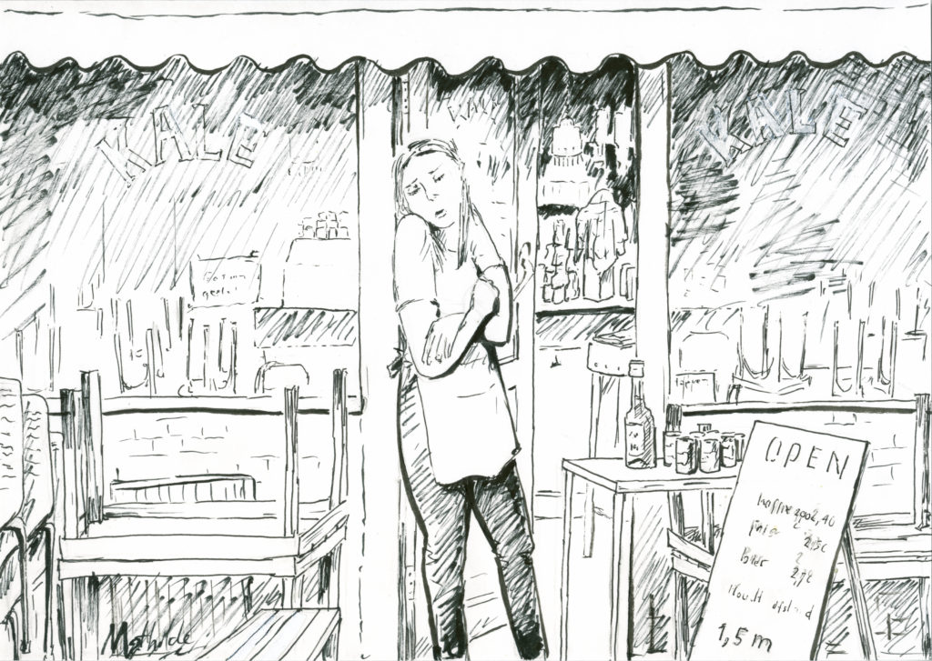 Een barvrouw sluimert in de deur van haar cafe, een schets door Mathilde muPe