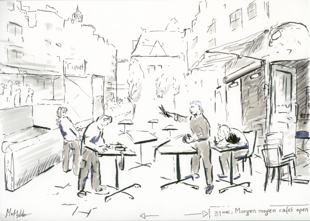 Bar personeel is druk in de weer met proefopstelling van terras, schets Mathilde muPe