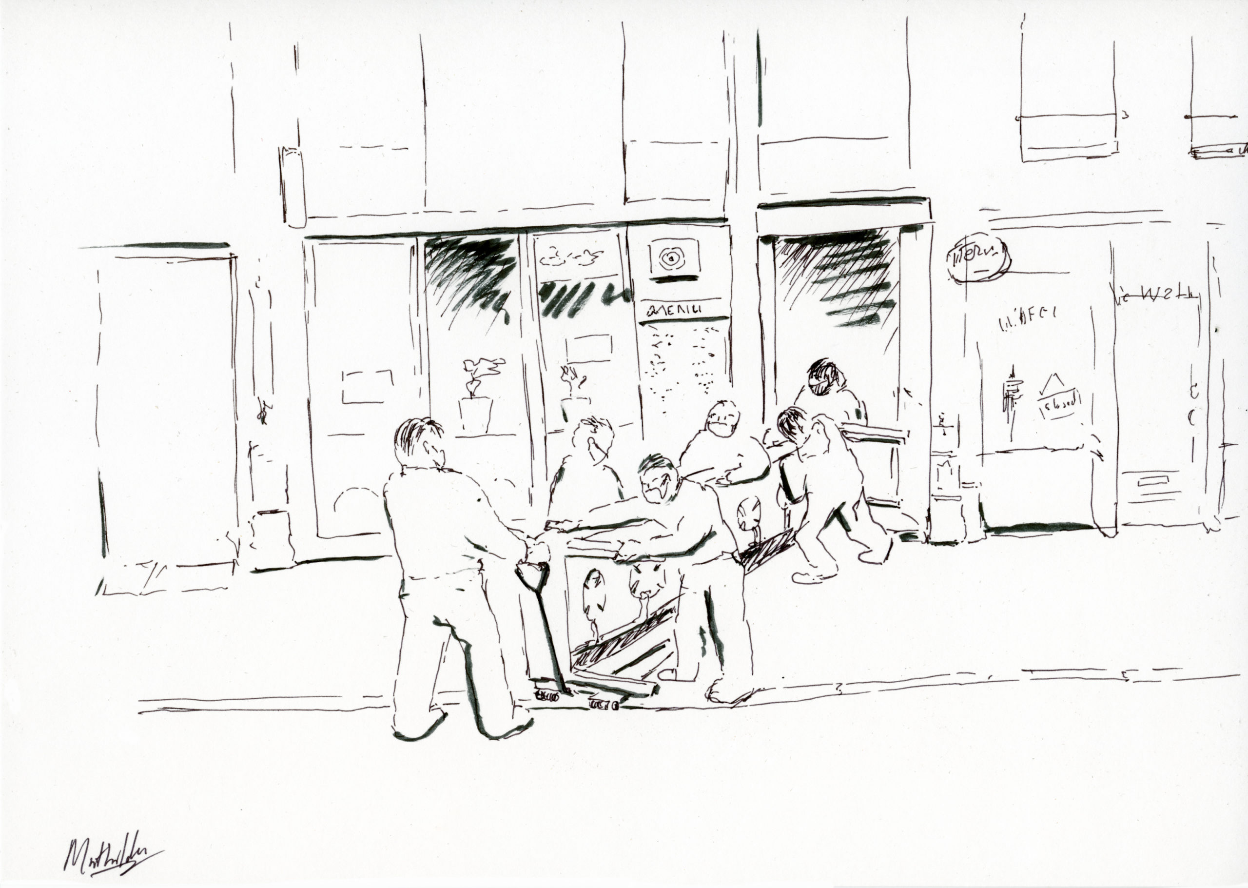 Zwart wit tekening van zes mannen die een groot fornuis door naar restaurant entree dragen. Schets Mathilde muPe