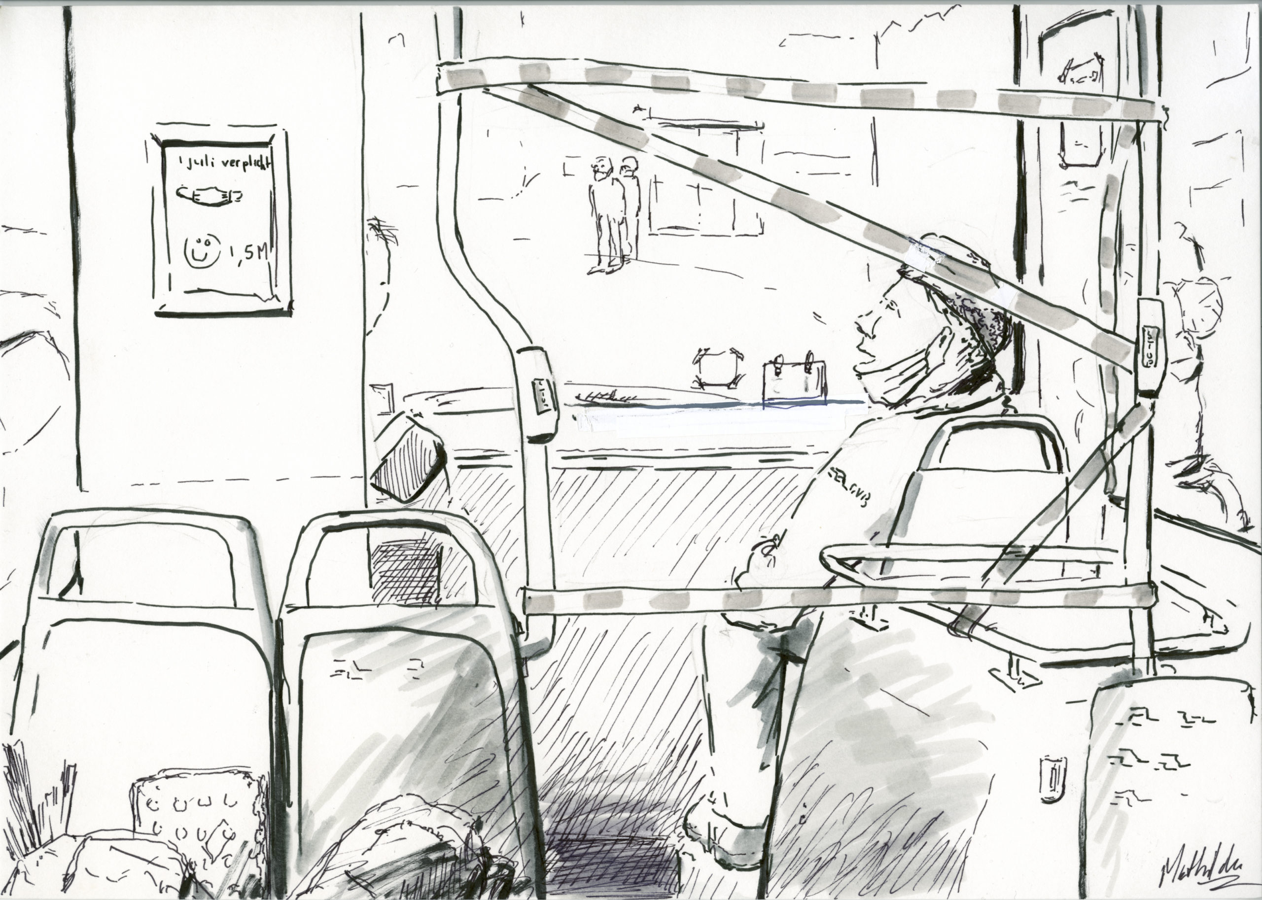 Tekening van buschaufeur in gesprek met collega, door Mathilde muPe