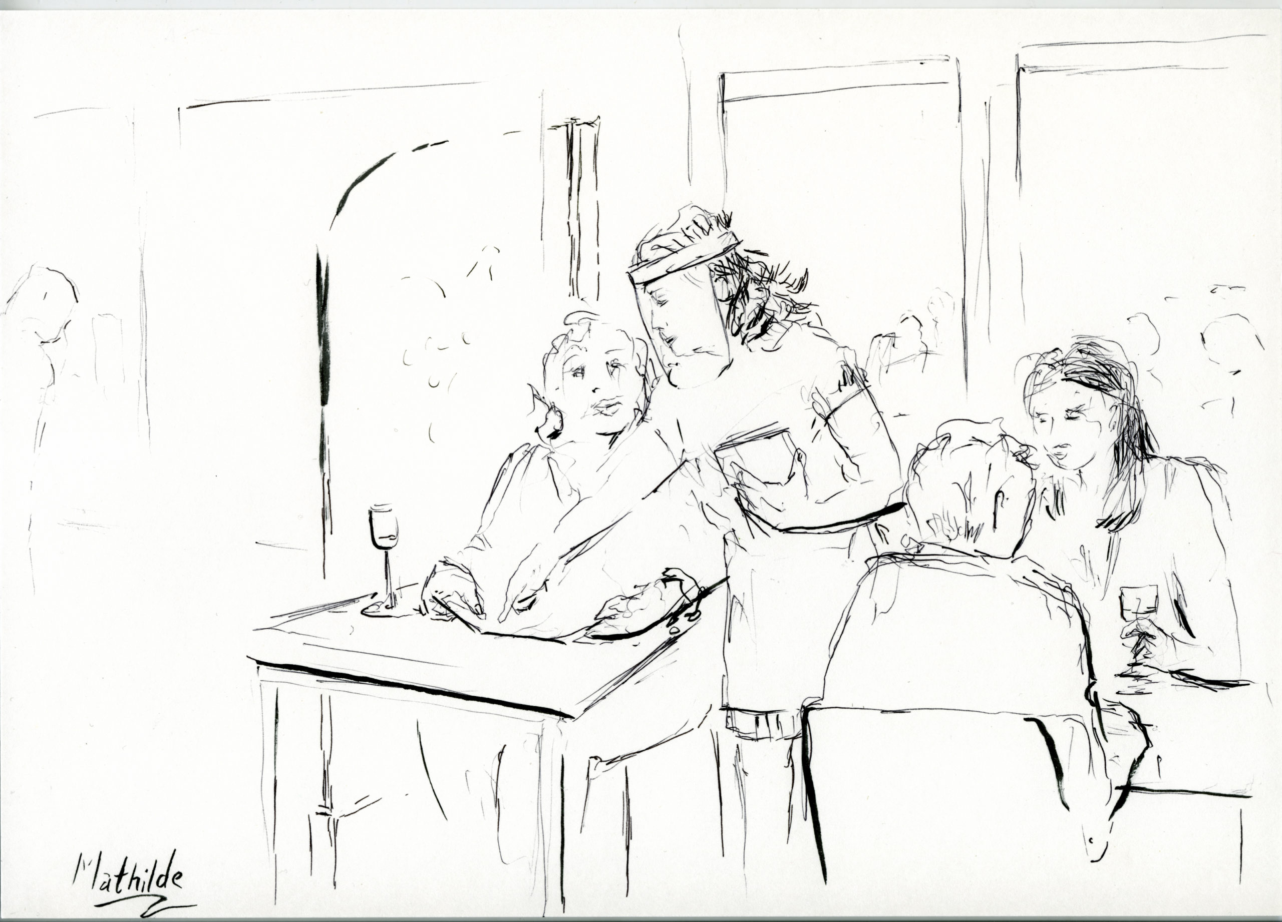Een serveerster met viziermasker geeft klant menukaart advies. Zwart wit tekening door Mathilde muPe