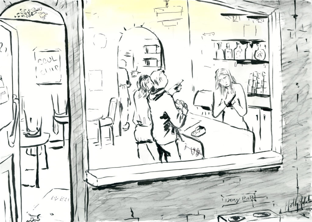Een vrouw achter een bar zegt met lichaamstaal nee als klanten naar een fles wijzen. Tekening Mathilde muPe.