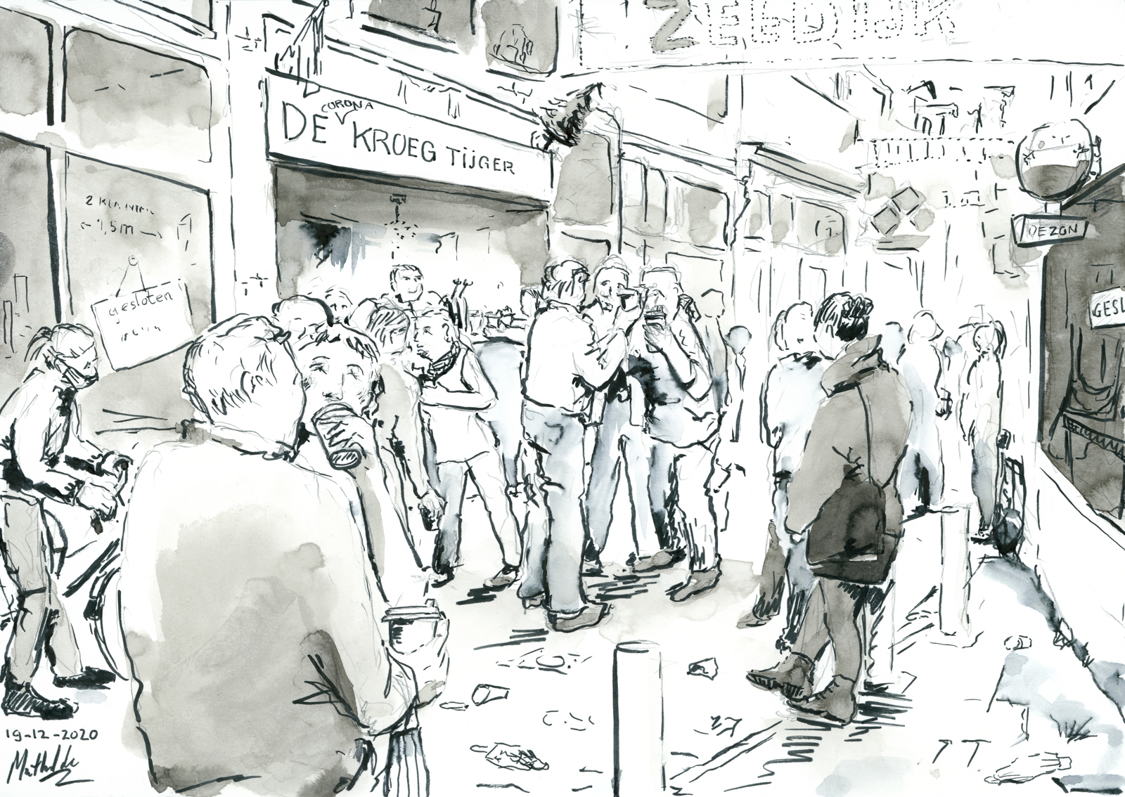 Voor een kroeg is een menigte zichtbaar aangeschoten met koffie bekers in de hand die de alcohol moet verhullen. Een inkt tekening door Mathilde muPe.