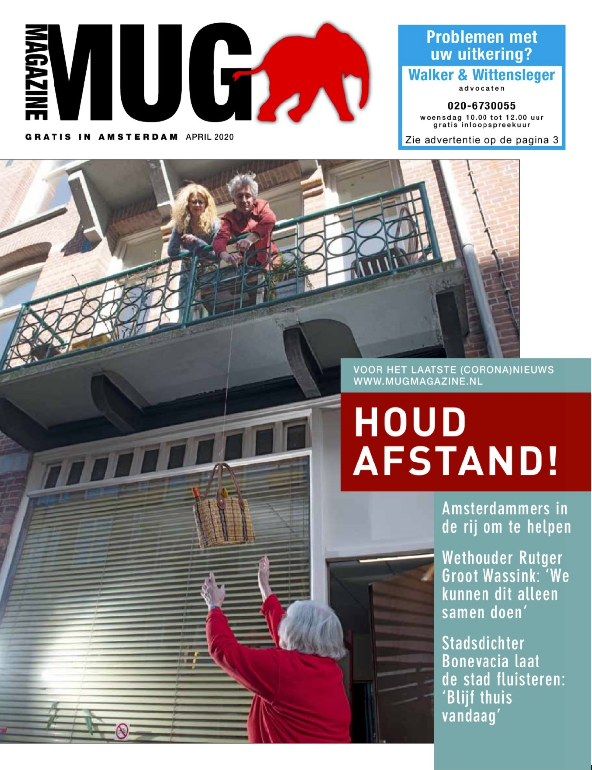Voorpagina MUG Magazine eerste lockdown - mensen delen eten met elkaar via het balkon